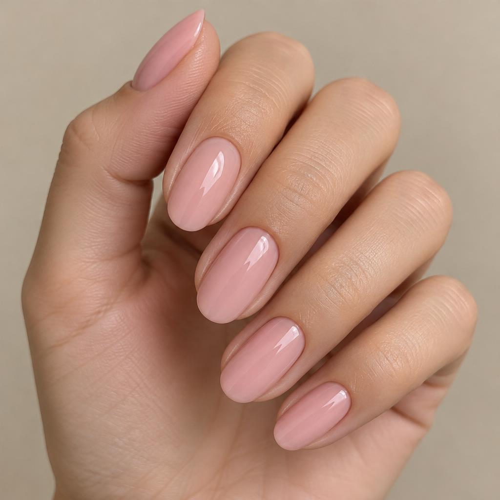 Voorbeeldfoto: gellak op natuurlijke nagels in een nude roze kleur